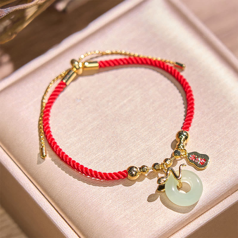 KarmaRipple's Bronze Plated Gold Jade Peace Buckle Fu Character Year Of The Snake Red String Fortune Bracelet p4
