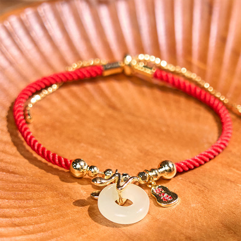 KarmaRipple's Bronze Plated Gold Jade Peace Buckle Fu Character Year Of The Snake Red String Fortune Bracelet p5