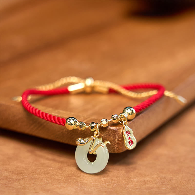 KarmaRipple's Bronze Plated Gold Jade Peace Buckle Fu Character Year Of The Snake Red String Fortune Bracelet p3