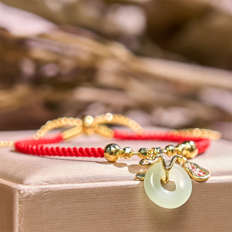 KarmaRipple's Bronze Plated Gold Jade Peace Buckle Fu Character Year Of The Snake Red String Fortune Bracelet p14