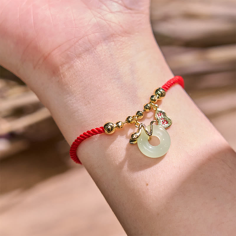 KarmaRipple's Bronze Plated Gold Jade Peace Buckle Fu Character Year Of The Snake Red String Fortune Bracelet p6