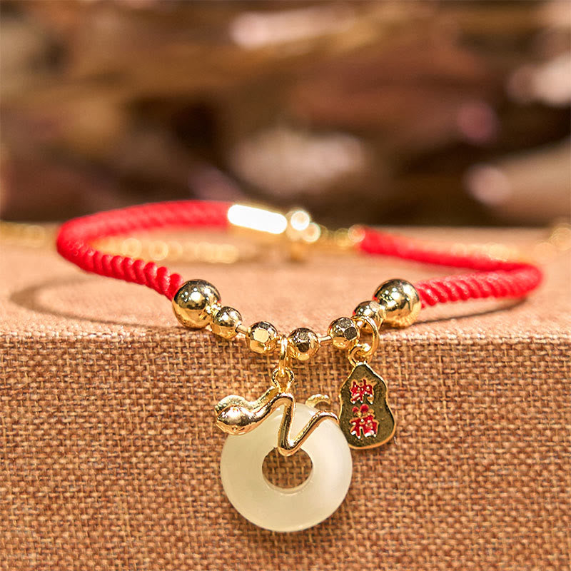KarmaRipple's Bronze Plated Gold Jade Peace Buckle Fu Character Year Of The Snake Red String Fortune Bracelet p13