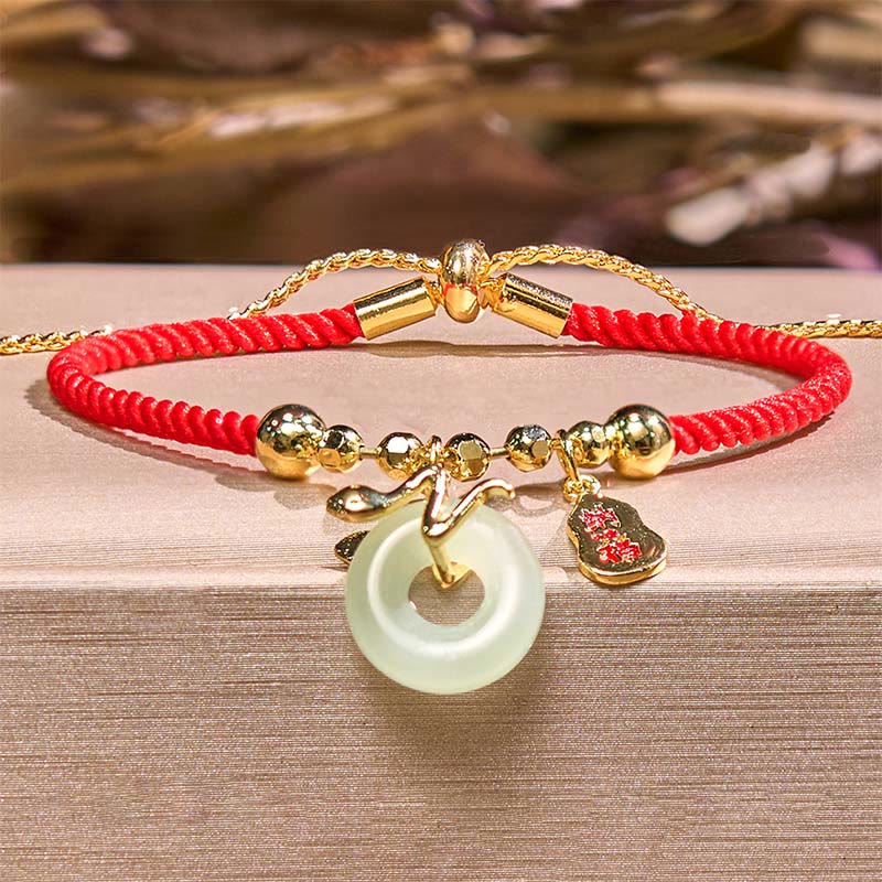 KarmaRipple's Bronze Plated Gold Jade Peace Buckle Fu Character Year Of The Snake Red String Fortune Bracelet p2