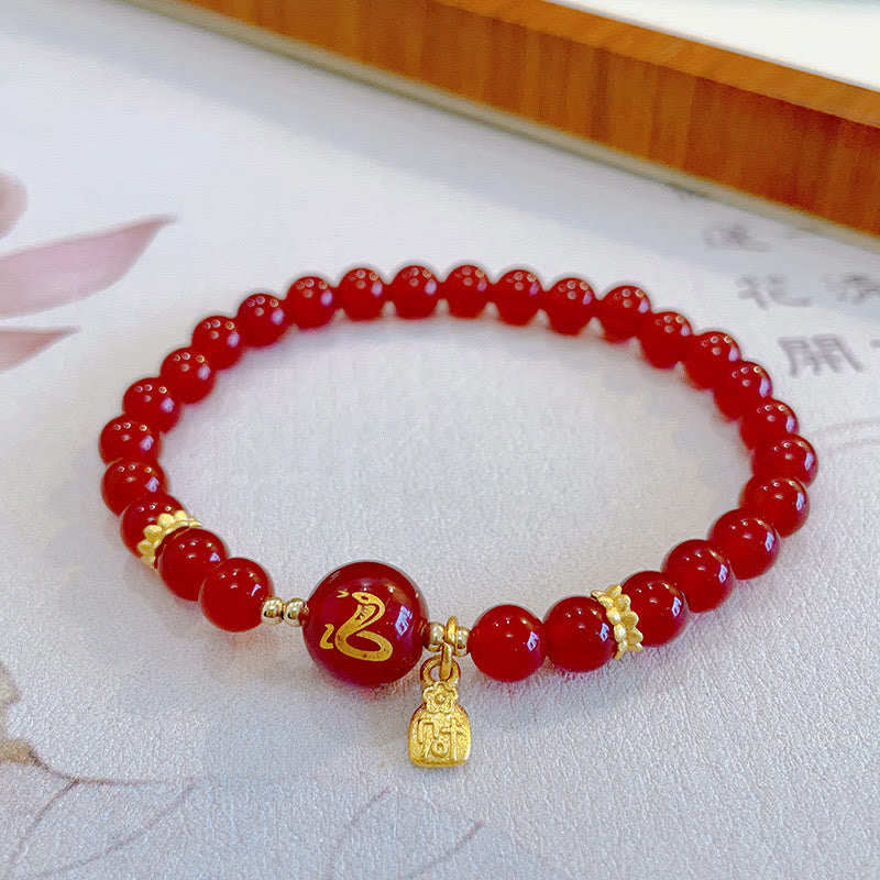 KarmaRipple's Red Agate Gold Plated Bronze Year Of The Snake Happiness Bracelet p5