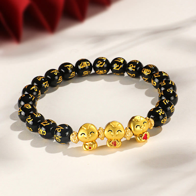 KarmaRipple's Red Agate Black Onyx Bead Bronze Year Of The Snake Fu Character Om Mani Padme Hum Happiness Bracelet p23