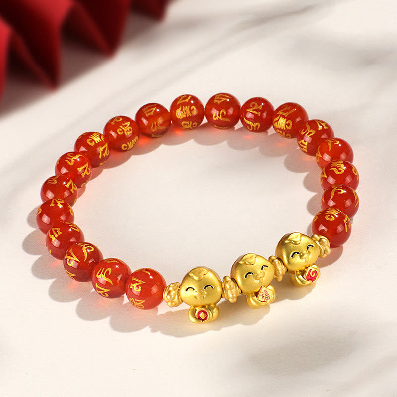 KarmaRipple's Red Agate Black Onyx Bead Bronze Year Of The Snake Fu Character Om Mani Padme Hum Happiness Bracelet p3