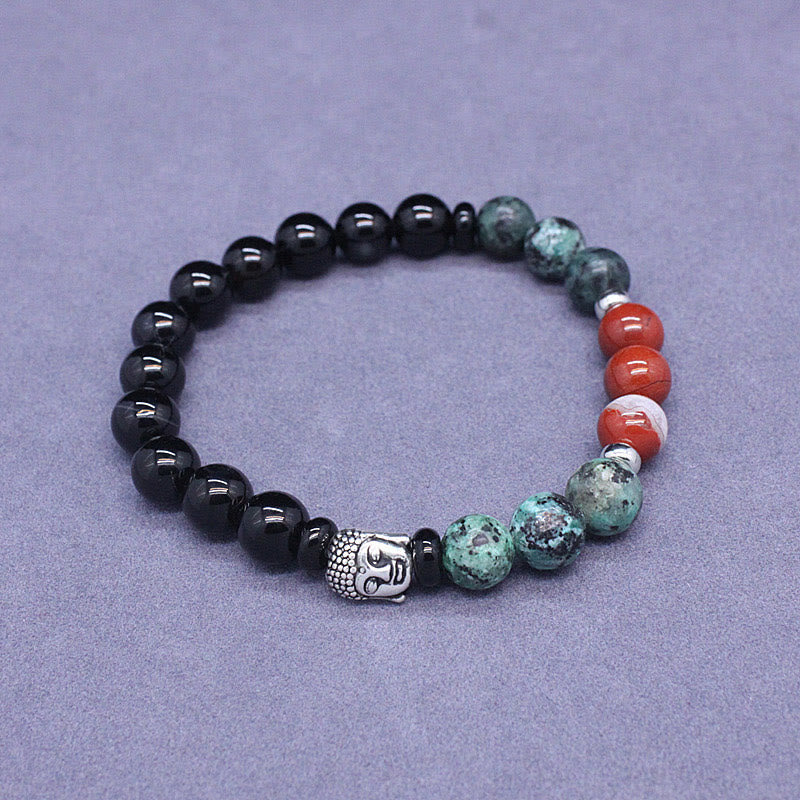 KarmaRipple's Authentic Black Onyx Ivory Stone Green Aventurine Tiger Eye Agate Mixed Color Buddha Head Protection Bracelet p13