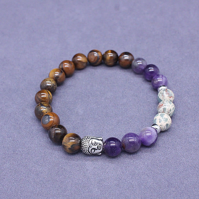 KarmaRipple's Authentic Black Onyx Ivory Stone Green Aventurine Tiger Eye Agate Mixed Color Buddha Head Protection Bracelet p22