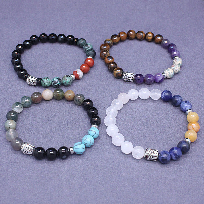 KarmaRipple's Authentic Black Onyx Ivory Stone Green Aventurine Tiger Eye Agate Mixed Color Buddha Head Protection Bracelet p31