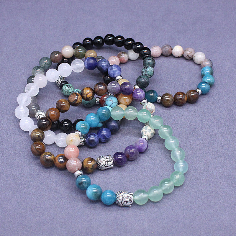 KarmaRipple's Authentic Black Onyx Ivory Stone Green Aventurine Tiger Eye Agate Mixed Color Buddha Head Protection Bracelet p33