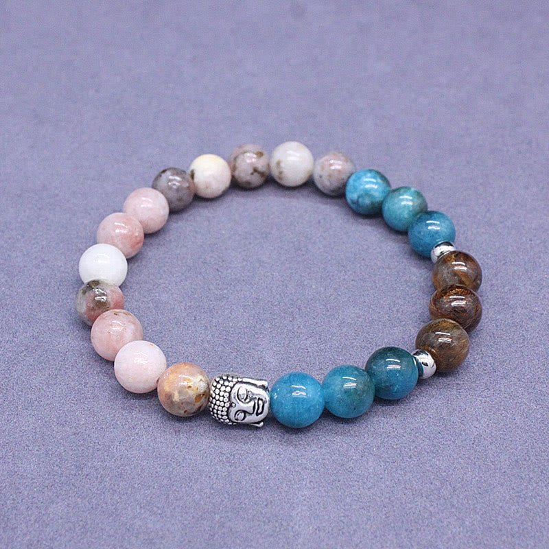 KarmaRipple's Authentic Black Onyx Ivory Stone Green Aventurine Tiger Eye Agate Mixed Color Buddha Head Protection Bracelet p30