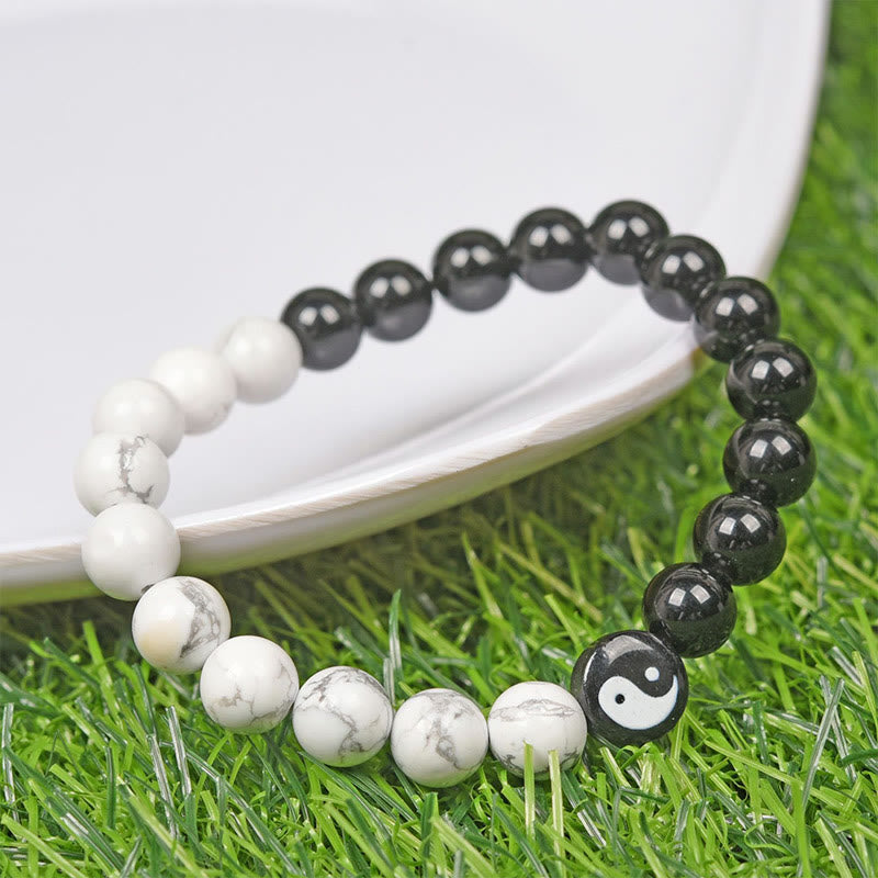KarmaRipple's Authentic Obsidian Ivory Turquoise Yinyang Tai Chi Strength Bracelet p7