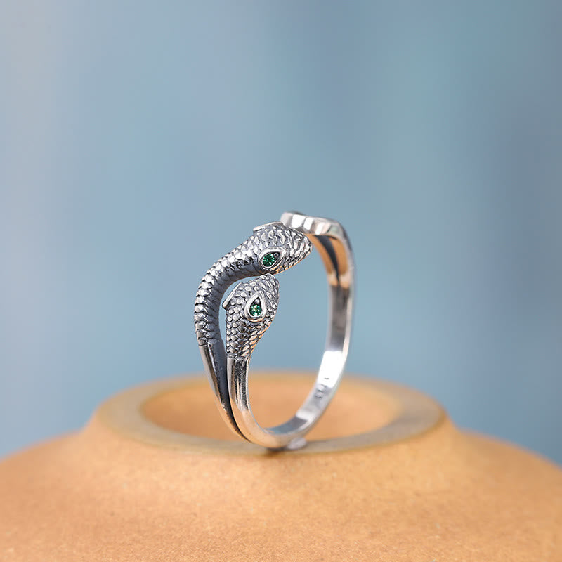 KarmaRipple's 925 Sterling Silver Year Of The Snake Two-headed Snake Adjustable Open Ring p1