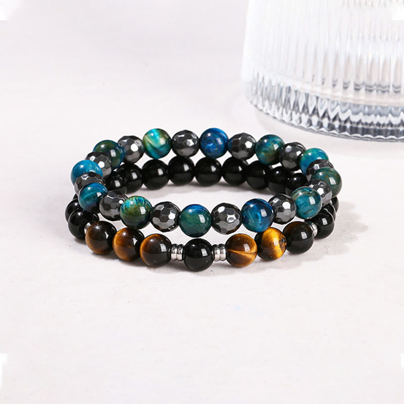 KarmaRipple's 2Pcs Hematite Tiger Eye Blue Tiger Eye Powerful Bracelet Set p3