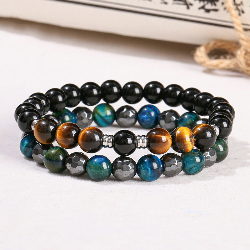 KarmaRipple's 2Pcs Hematite Tiger Eye Blue Tiger Eye Powerful Bracelet Set p2