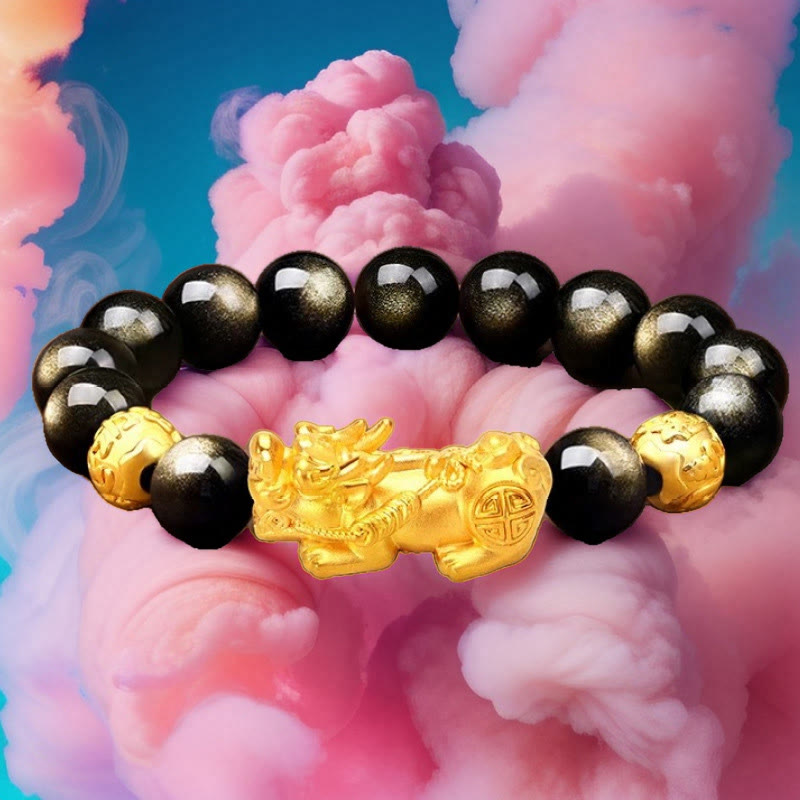 KarmaRipple's Authentic Gold Sheen Obsidian PiXiu Om Mani Padme Hum Wealth Bracelet p11
