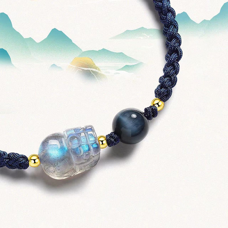 KarmaRipple's Moonstone PiXiu Blue Tiger Eye Fu Character Balancing Pair String Bracelet p4