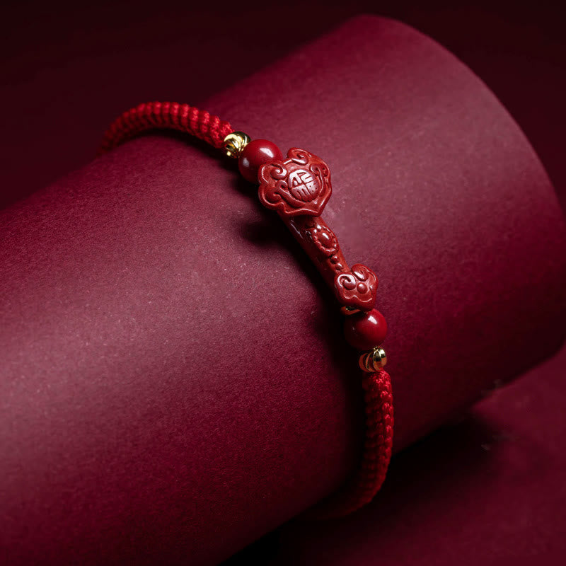 KarmaRipple's Handmade Cinnabar Ruyi Handle Fu Character PiXiu Blessing Red String Woven Bracelet p16