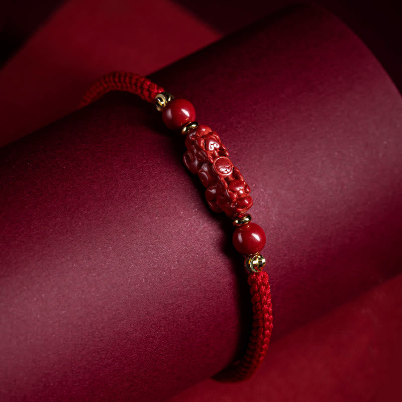 KarmaRipple's Handmade Cinnabar Ruyi Handle Fu Character PiXiu Blessing Red String Woven Bracelet p17