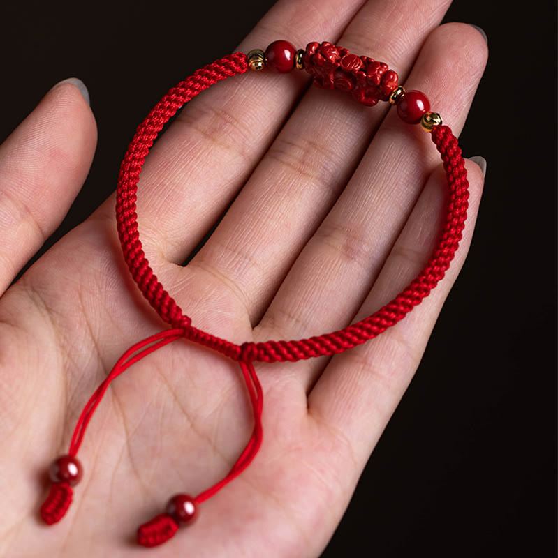 KarmaRipple's Handmade Cinnabar Ruyi Handle Fu Character PiXiu Blessing Red String Woven Bracelet p18