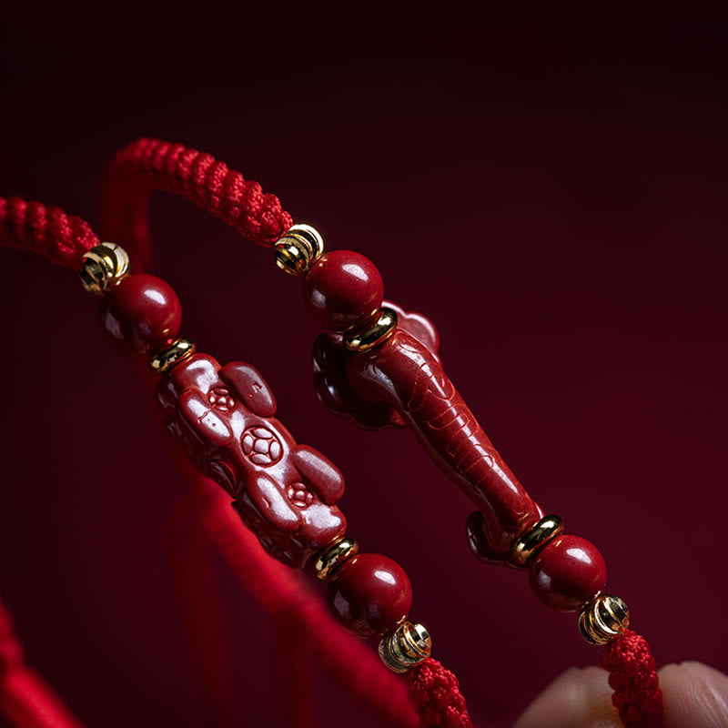 KarmaRipple's Handmade Cinnabar Ruyi Handle Fu Character PiXiu Blessing Red String Woven Bracelet p22