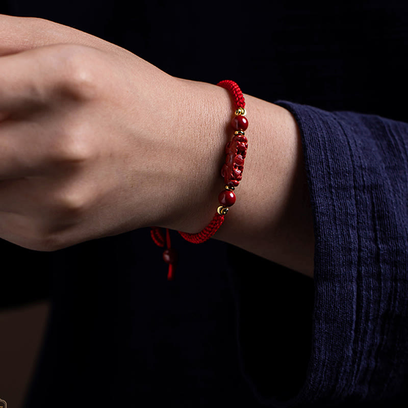 KarmaRipple's Handmade Cinnabar Ruyi Handle Fu Character PiXiu Blessing Red String Woven Bracelet p19