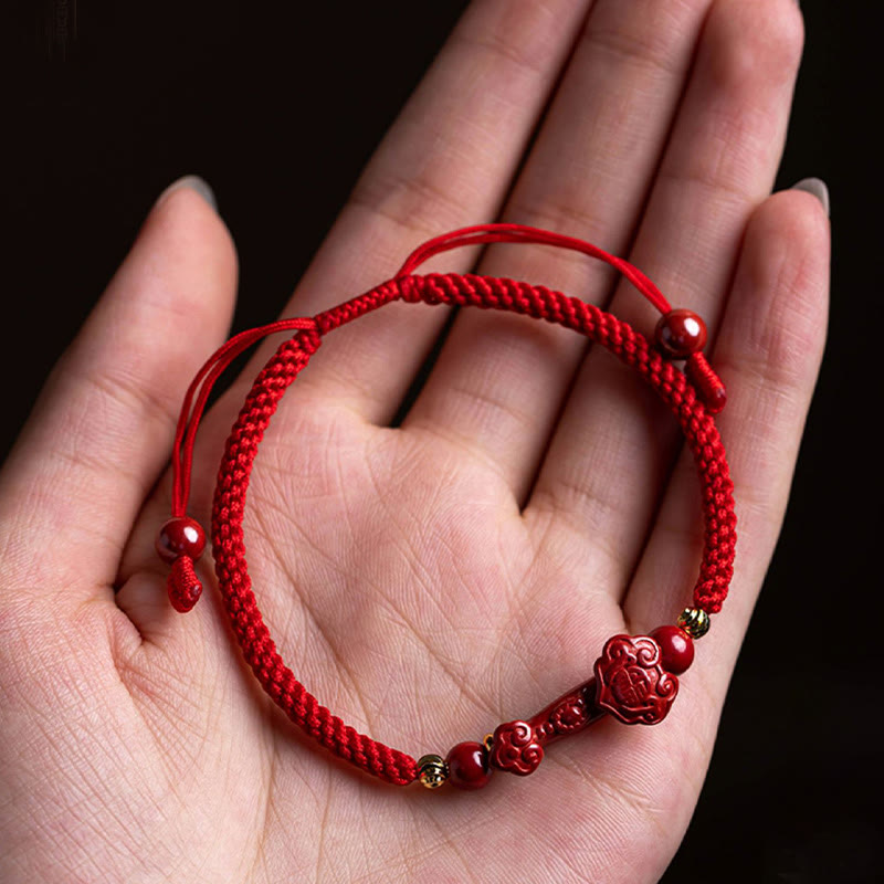 KarmaRipple's Handmade Cinnabar Ruyi Handle Fu Character PiXiu Blessing Red String Woven Bracelet p11