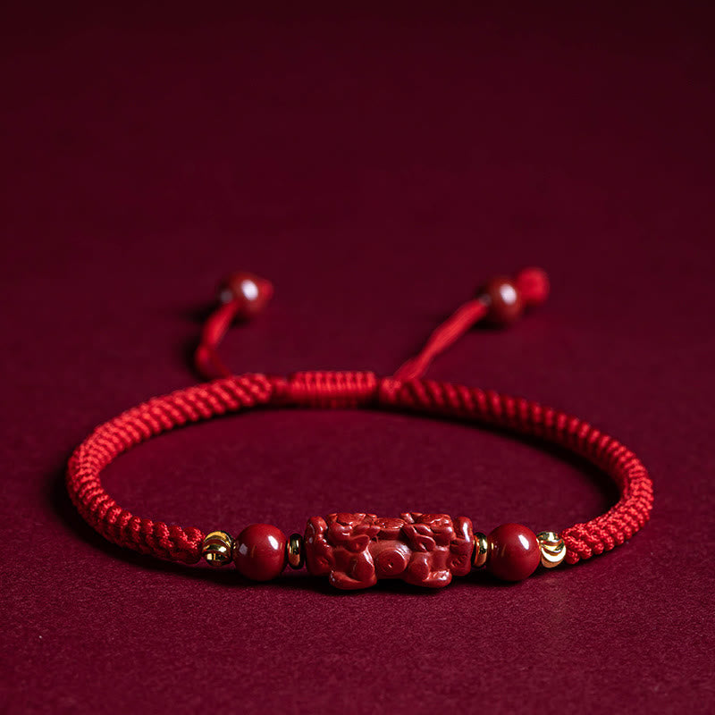 KarmaRipple's Handmade Cinnabar Ruyi Handle Fu Character PiXiu Blessing Red String Woven Bracelet p2