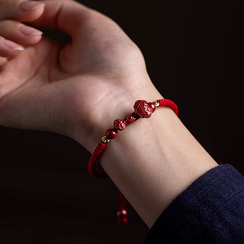 KarmaRipple's Handmade Cinnabar Ruyi Handle Fu Character PiXiu Blessing Red String Woven Bracelet p6