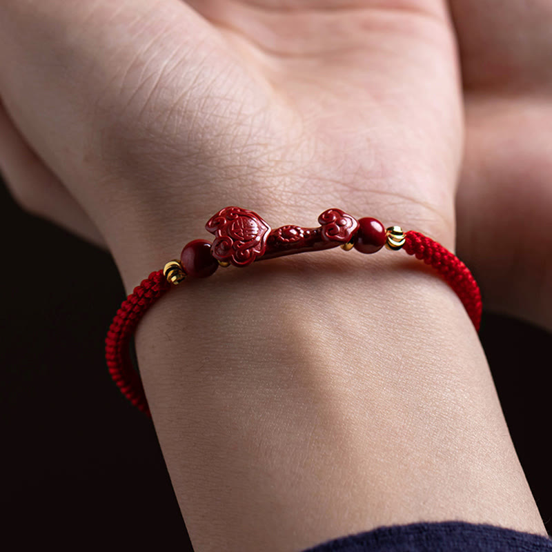 KarmaRipple's Handmade Cinnabar Ruyi Handle Fu Character PiXiu Blessing Red String Woven Bracelet p5