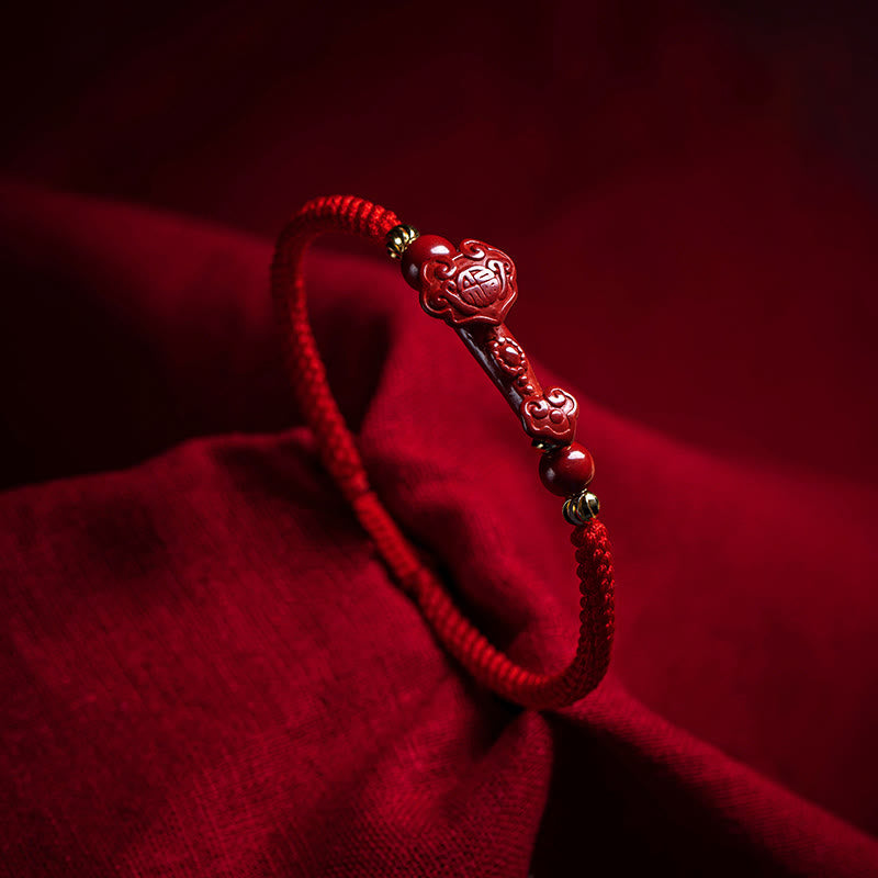 KarmaRipple's Handmade Cinnabar Ruyi Handle Fu Character PiXiu Blessing Red String Woven Bracelet p26