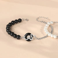 KarmaRipple's Black Obsidian Black Onyx Chalcedony Peace Buckle 925 Sterling Silver Year Of The Snake Pearl Purification Couple's Bracelet