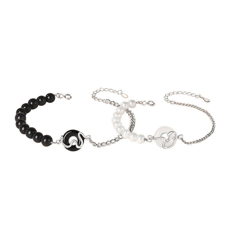 KarmaRipple's Black Obsidian Black Onyx Chalcedony Peace Buckle 925 Sterling Silver Year Of The Snake Pearl Purification Couple's Bracelet p13