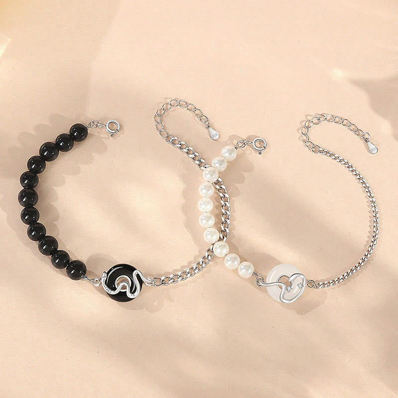 KarmaRipple's Black Obsidian Black Onyx Chalcedony Peace Buckle 925 Sterling Silver Year Of The Snake Pearl Purification Couple's Bracelet p3