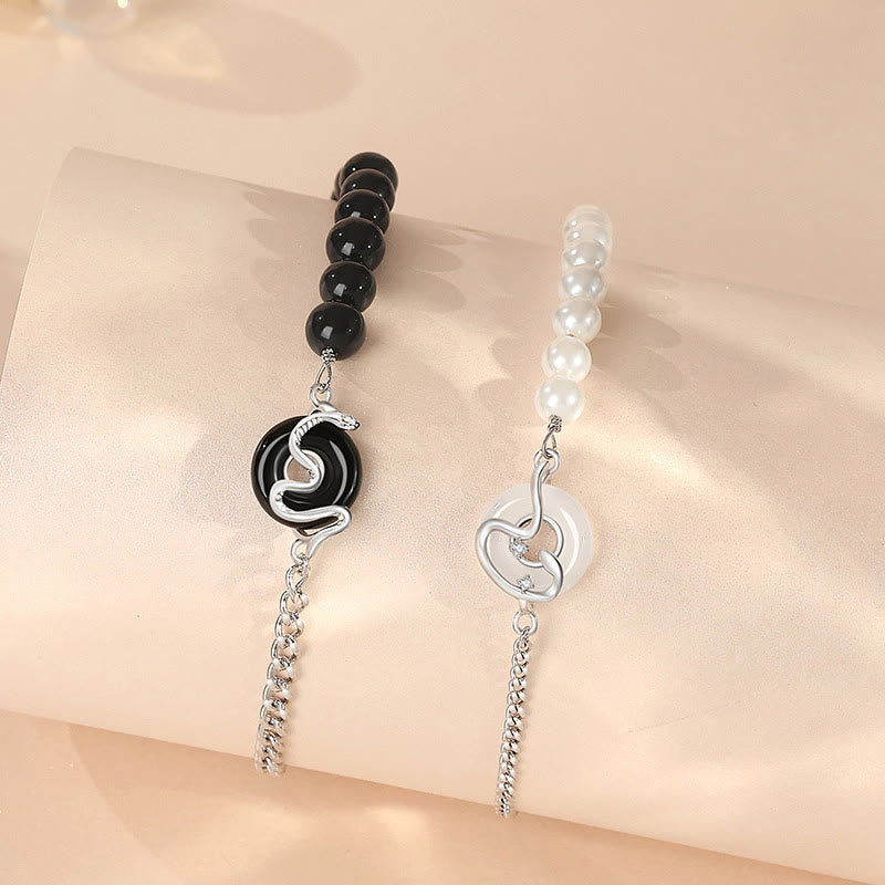 KarmaRipple's Black Obsidian Black Onyx Chalcedony Peace Buckle 925 Sterling Silver Year Of The Snake Pearl Purification Couple's Bracelet p4