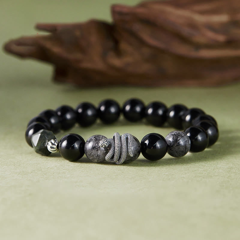 KarmaRipple's Black Obsidian Black Rutilated Quartz 925 Sterling Silver Year Of The Snake Purification Bracelet p1