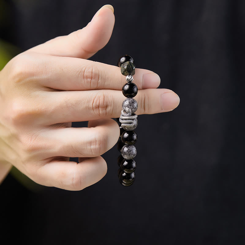 KarmaRipple's Black Obsidian Black Rutilated Quartz 925 Sterling Silver Year Of The Snake Purification Bracelet p3