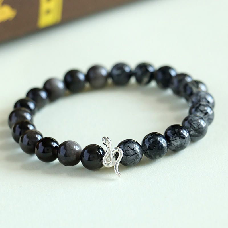 KarmaRipple's Authentic Sun Stone Super Seven Gemstone Silver Sheen Obsidian Rutilated Quartz 925 Sterling Silver Year Of The Snake Positive Bracelet p2
