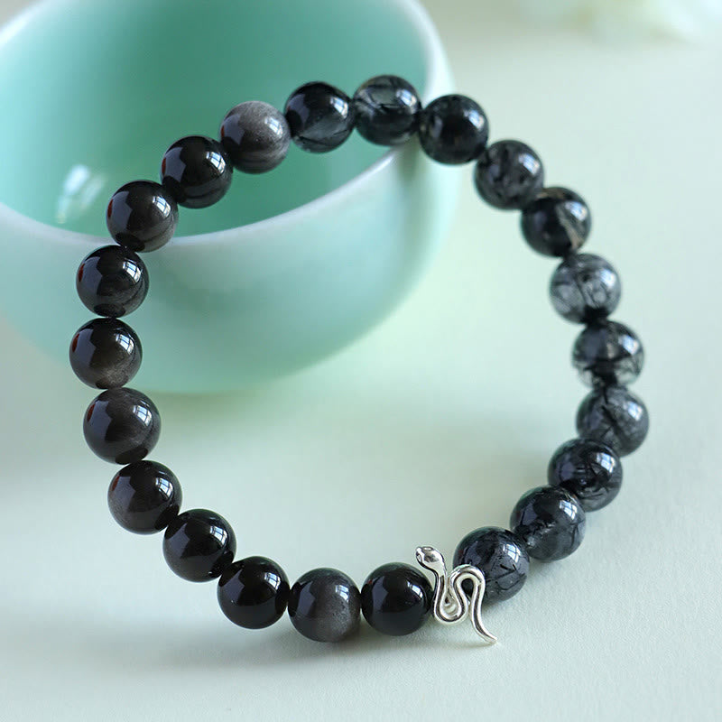 KarmaRipple's Authentic Sun Stone Super Seven Gemstone Silver Sheen Obsidian Rutilated Quartz 925 Sterling Silver Year Of The Snake Positive Bracelet p11