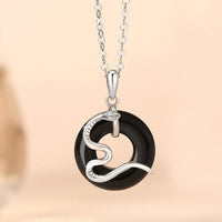 KarmaRipple's 925 Sterling Silver Black Onyx Chalcedony Peace Buckle Year Of The Snake Fortune Pendant Necklace