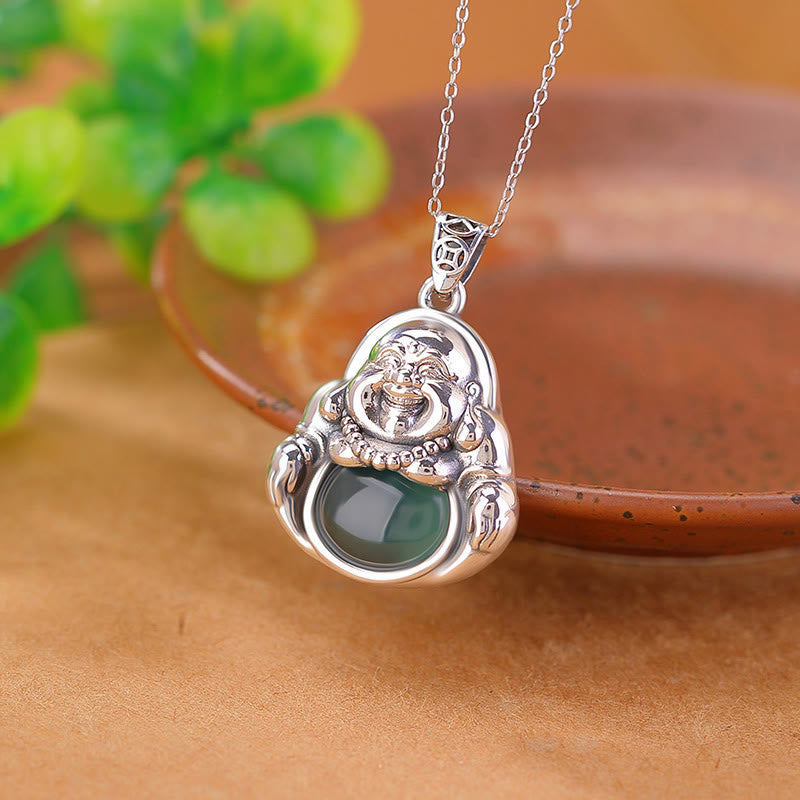 KarmaRipple's 999 Sterling Silver Laughing Buddha Cyan Jade Lotus Success Pendant Chain Necklace p1
