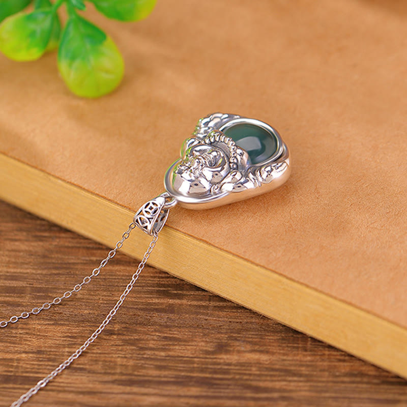 KarmaRipple's 999 Sterling Silver Laughing Buddha Cyan Jade Lotus Success Pendant Chain Necklace p3