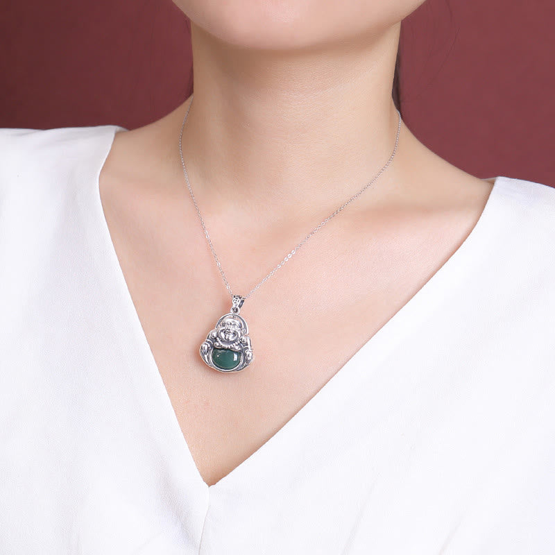 KarmaRipple's 999 Sterling Silver Laughing Buddha Cyan Jade Lotus Success Pendant Chain Necklace p5