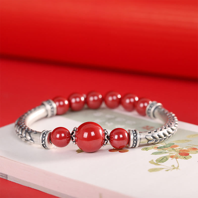 KarmaRipple's 999 Sterling Silver Cinnabar Wheat Ears Blessing Bracelet Bangle p1