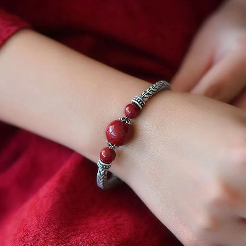 KarmaRipple's 999 Sterling Silver Cinnabar Wheat Ears Blessing Bracelet Bangle p12