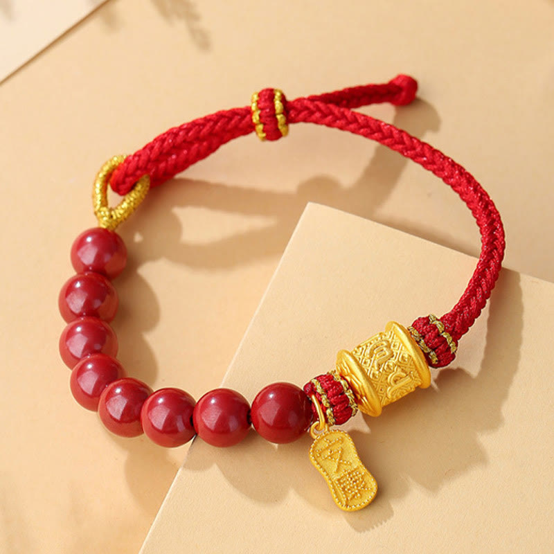 KarmaRipple's 999 Sterling Silver Six True Words Om Mani Padme Hum Cinnabar Blessing String Bracelet p2