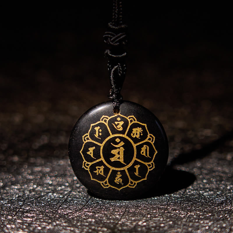 KarmaRipple's Om Mani Padme Hum Authentic Various Gemstone Black Obsidian Strength Pendant Necklace p1