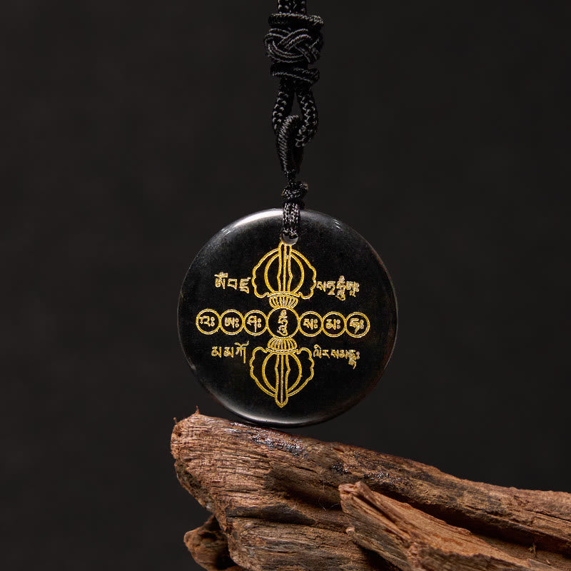 KarmaRipple's Vajra Dorje Sanskrit Pattern Authentic Various Gemstone Black Obsidian Fulfilment Pendant Necklace p1