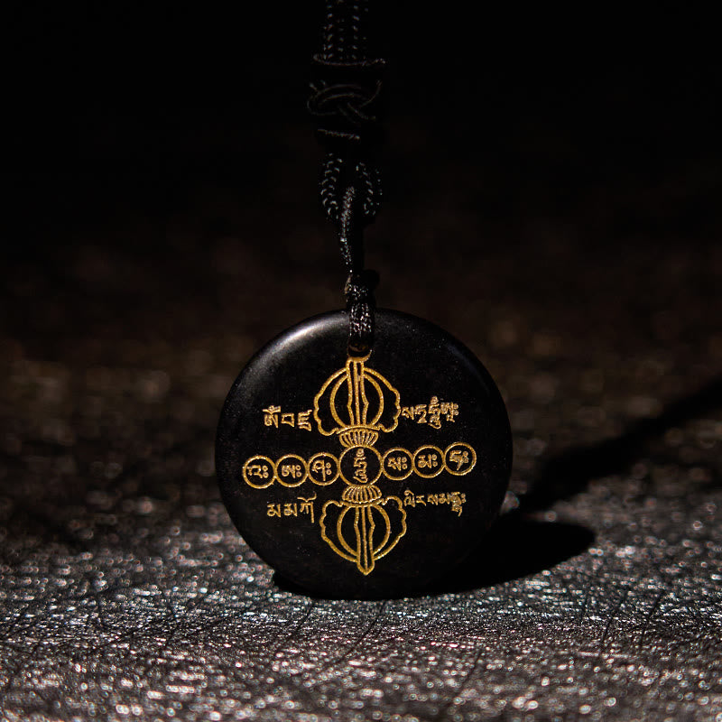 KarmaRipple's Vajra Dorje Sanskrit Pattern Authentic Various Gemstone Black Obsidian Fulfilment Pendant Necklace p7