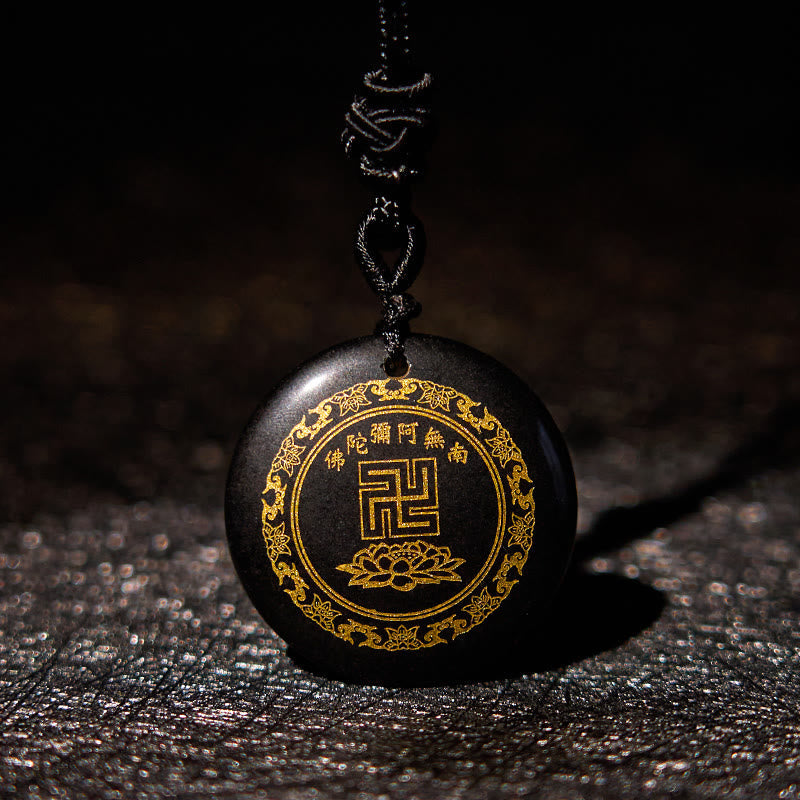 KarmaRipple's Swastika Lotus Pattern Authentic Various Gemstone Black Obsidian Purification Pendant Necklace p1